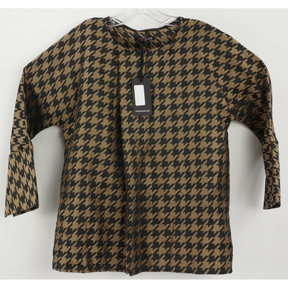 New Nineminutes Italy Women Size 1 Small Woven Tan Black Houndstooth Slit Blouse